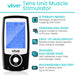 Vive tens unit muscle stimulator with features listed on a white background