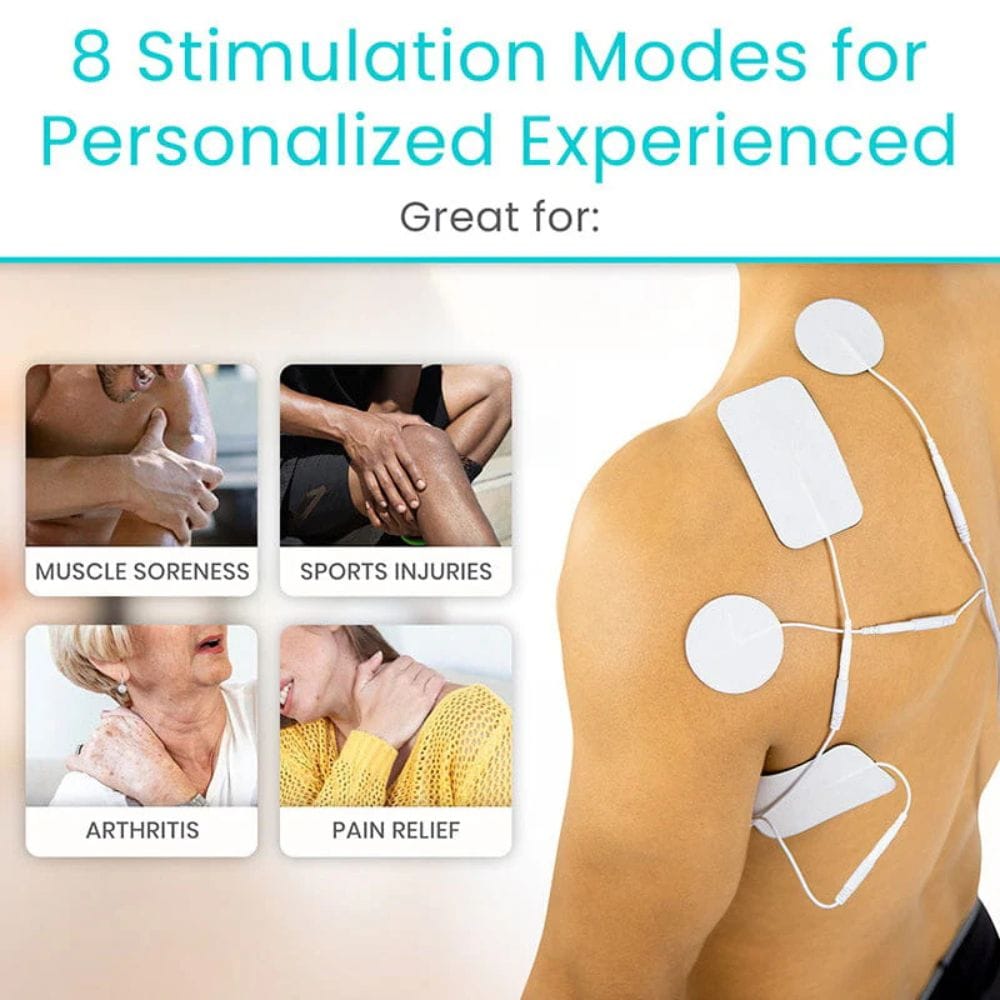 Electrode pads on a person's back with text about 8 stimulation modes for personalized experiences.