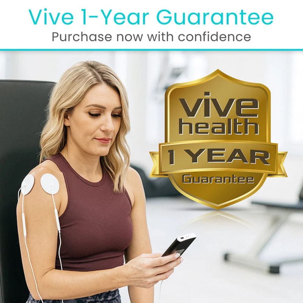 Woman using a device with electrodes on her arm, featuring the Vive Health 1-year guarantee.