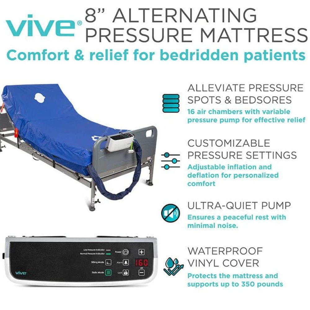 Vive 8-inch alternating pressure mattress with features listed on a white background
