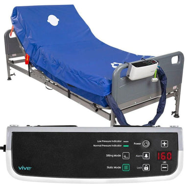 Hospital bed with blue cover and control panel displaying settings on a white background