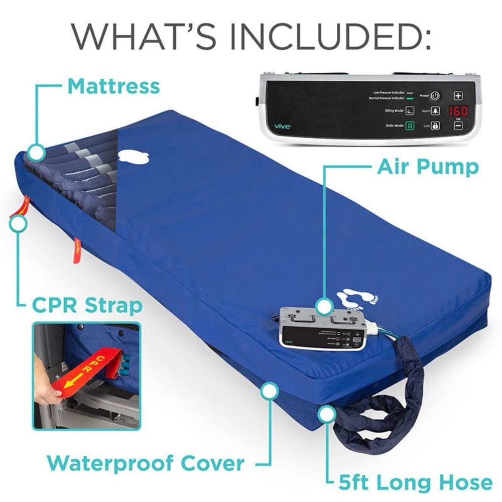 Blue CPR training manikin with air pump, mattress, CPR strap, and waterproof cover on a white background.