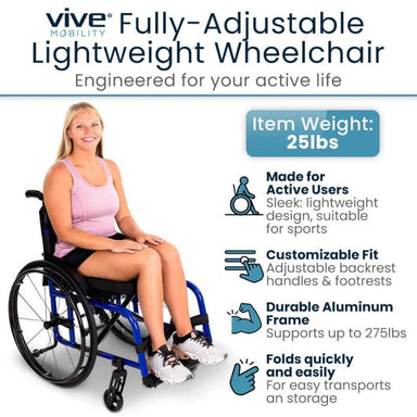 Vive Mobility fully-adjustable lightweight wheelchair with a woman sitting in it, featuring product details.