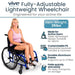 Vive Mobility fully-adjustable lightweight wheelchair with a woman sitting in it, featuring product details.