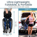 Foldable wheelchair being shown for travel and storage ease with text highlighting features.