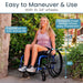 Woman using a wheelchair with text highlighting features like XL 24-inch wheels and easy maneuverability.