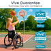 Person in a wheelchair playing basketball on an outdoor court with Vive Mobility guarantees displayed.
