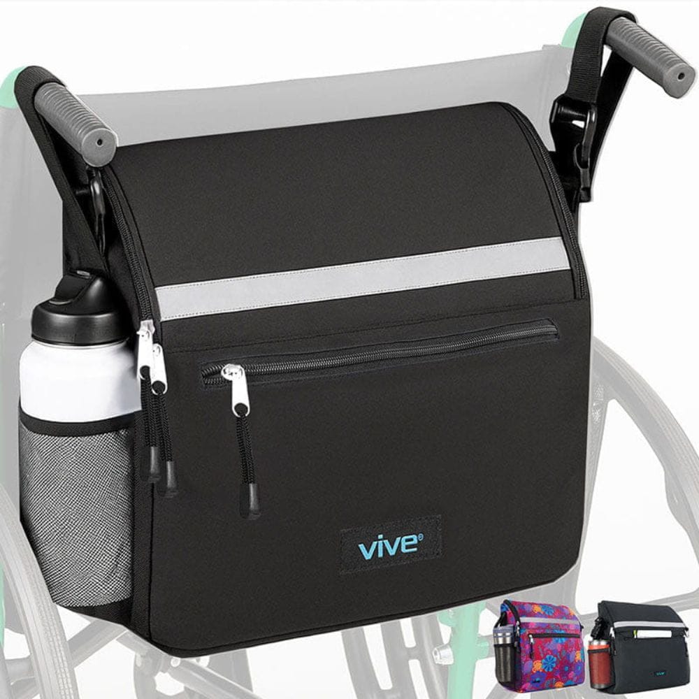 Black bag with a water bottle attached to a wheelchair