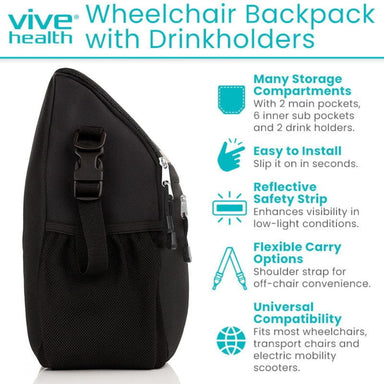 Black wheelchair backpack with drink holders and feature list on a white background