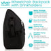 Black wheelchair backpack with drink holders and feature list on a white background