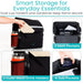 Black bag with storage compartments and drink holders, featuring text on smart storage solutions.