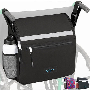Black bag with a water bottle attached to a wheelchair