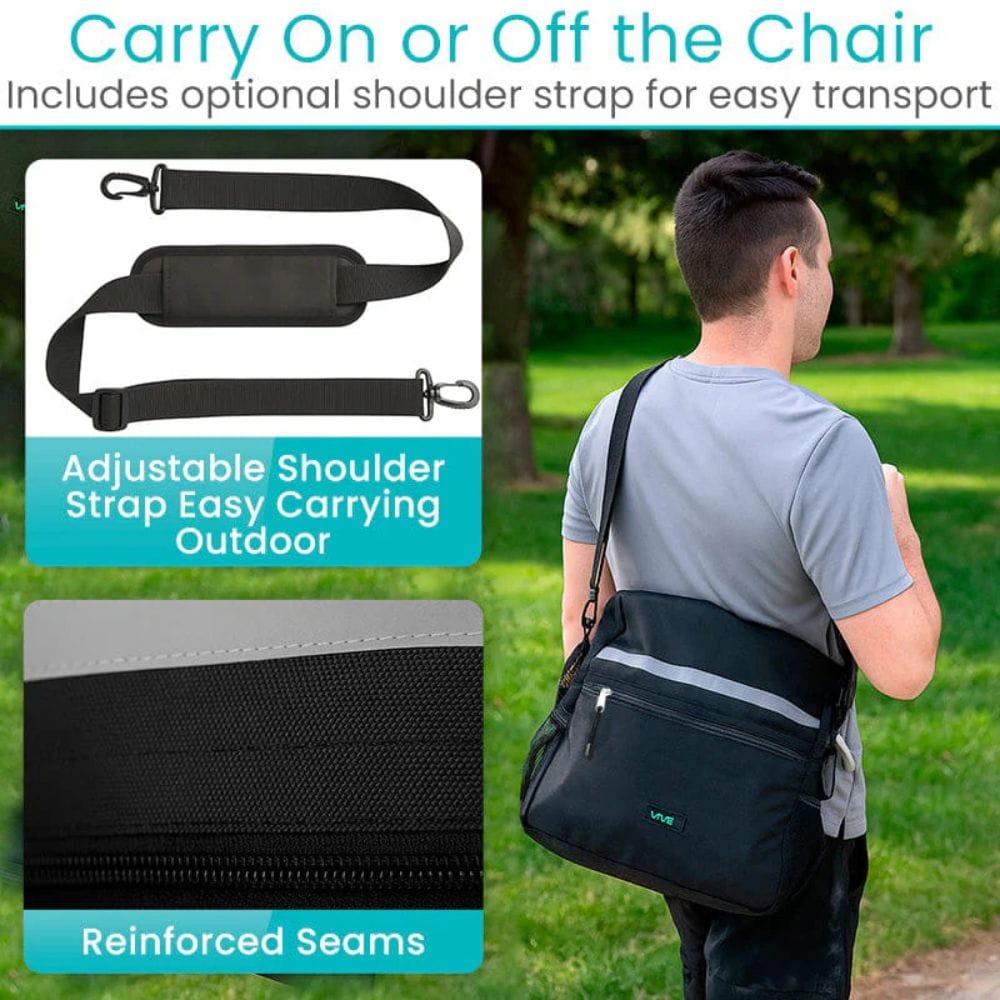 Person carrying a black bag with an adjustable shoulder strap in an outdoor setting