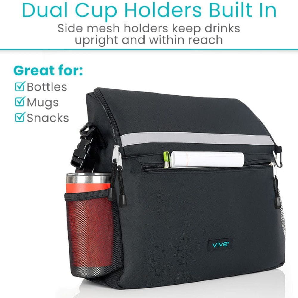 Black bag with dual cup holders and side mesh holders for drinks, featuring the brand 'Vive'.