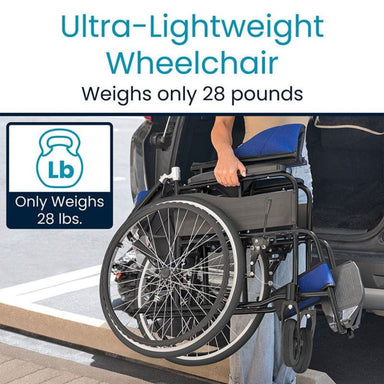 Ultra-lightweight wheelchair being loaded into a vehicle with text indicating weight.