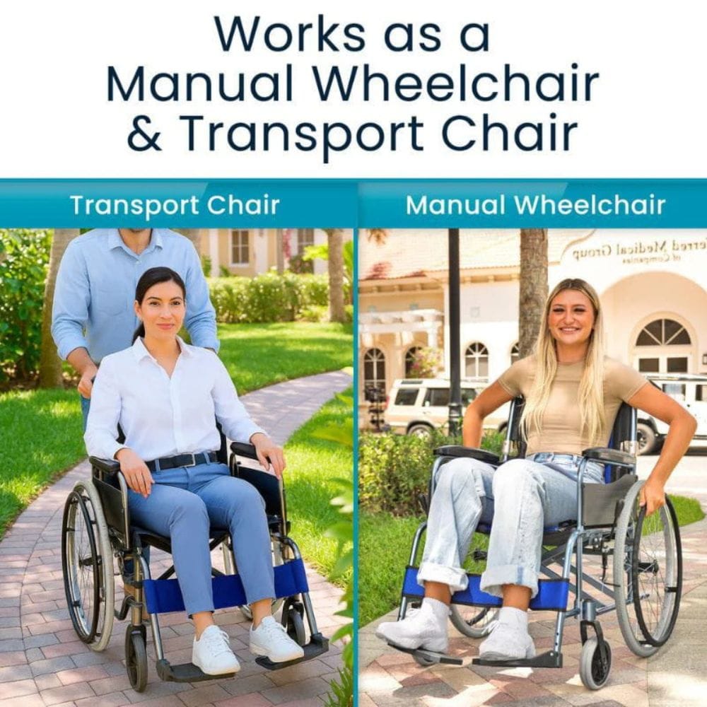 Two images showing a manual wheelchair and transport chair with people using them outdoors.