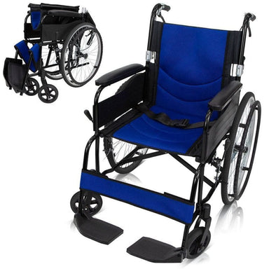 Blue and black wheelchair on a white background
