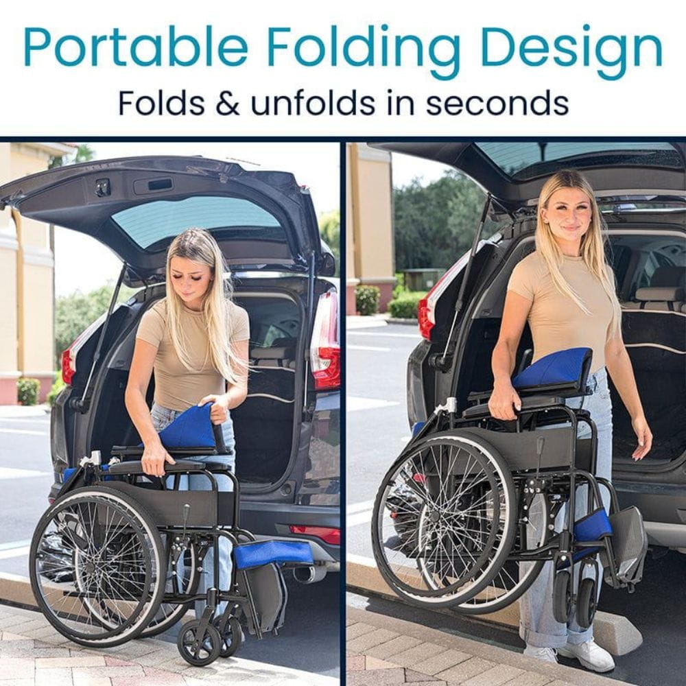 Portable folding wheelchair being shown in two stages: folded and unfolded, with text indicating it folds and unfolds in seconds.