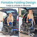 Portable folding wheelchair being shown in two stages: folded and unfolded, with text indicating it folds and unfolds in seconds.