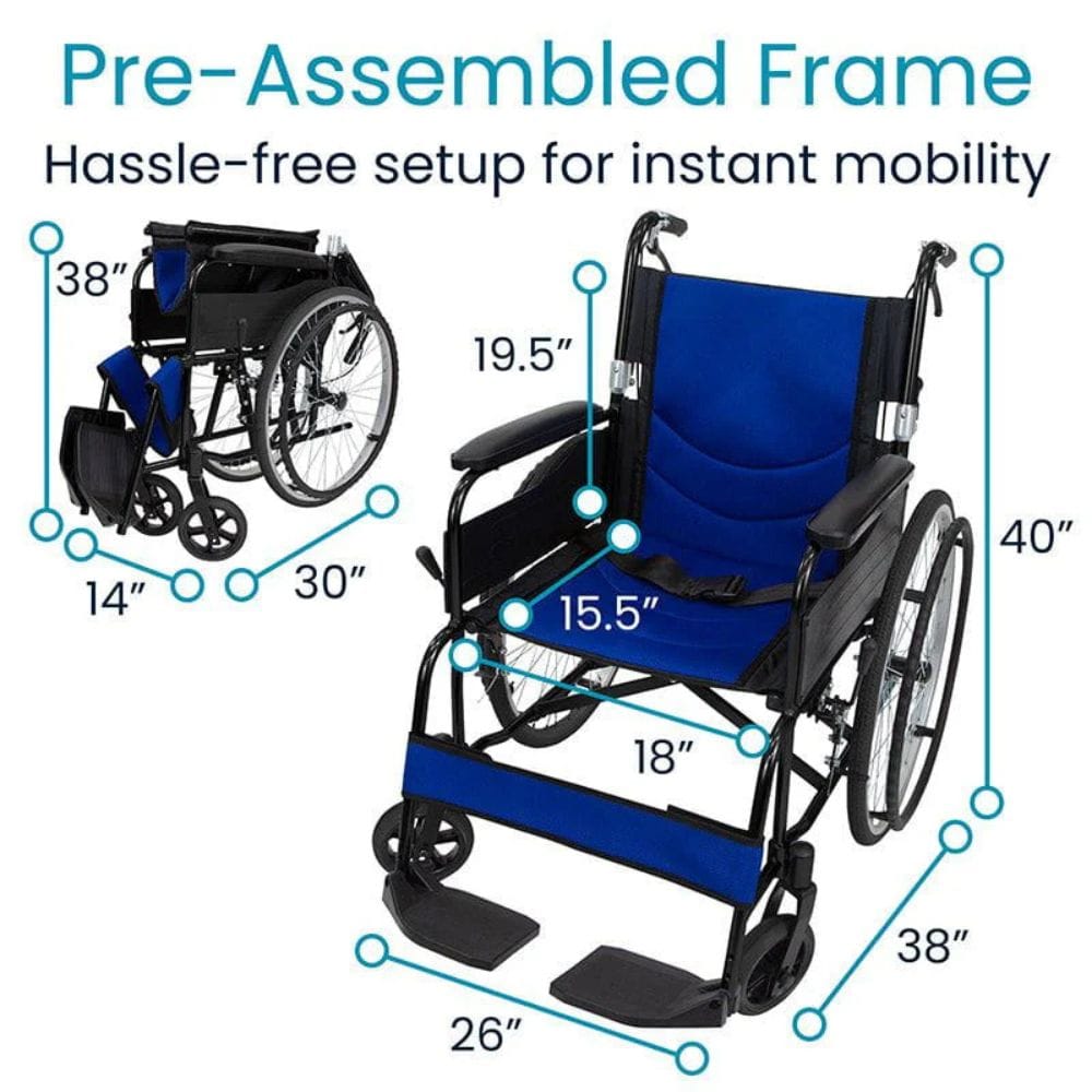 Wheelchair with measurements and text about pre-assembled frame