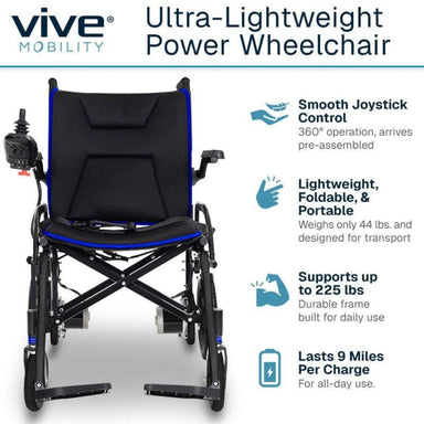Vive Mobility Ultra-Lightweight Power Wheelchair with features listed on a white background