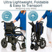 Foldable wheelchair with text highlighting weight, foldability, and transportability on a white background.