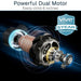 Powerful dual motor with a 5-year guarantee badge on a dark background