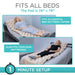 Bed pad being used on a hospital bed with text indicating its compatibility with various mattress sizes.