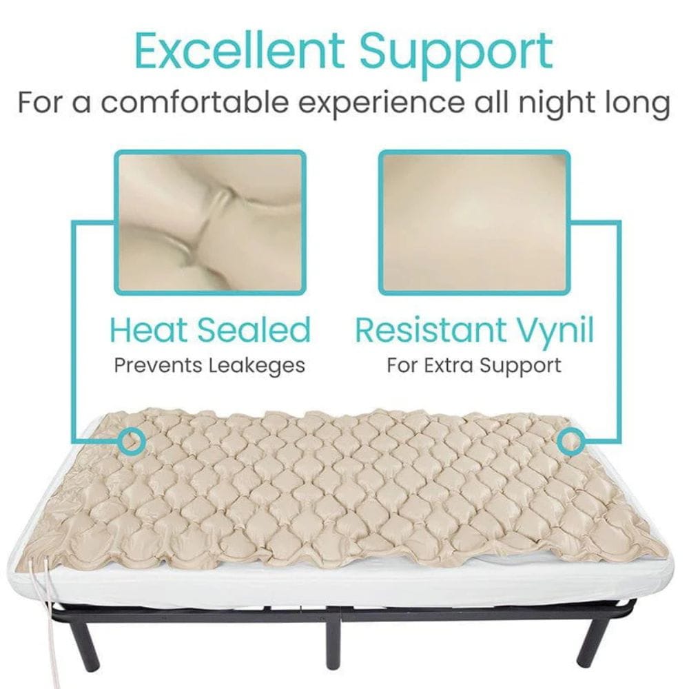 Beige mattress topper with text highlighting features on a white background