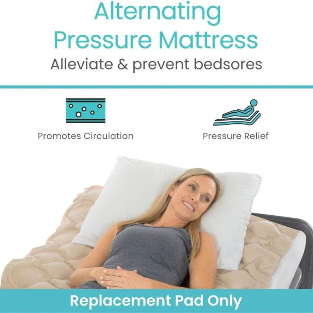 Advertisement for an alternating pressure mattress replacement pad with a woman lying on it.