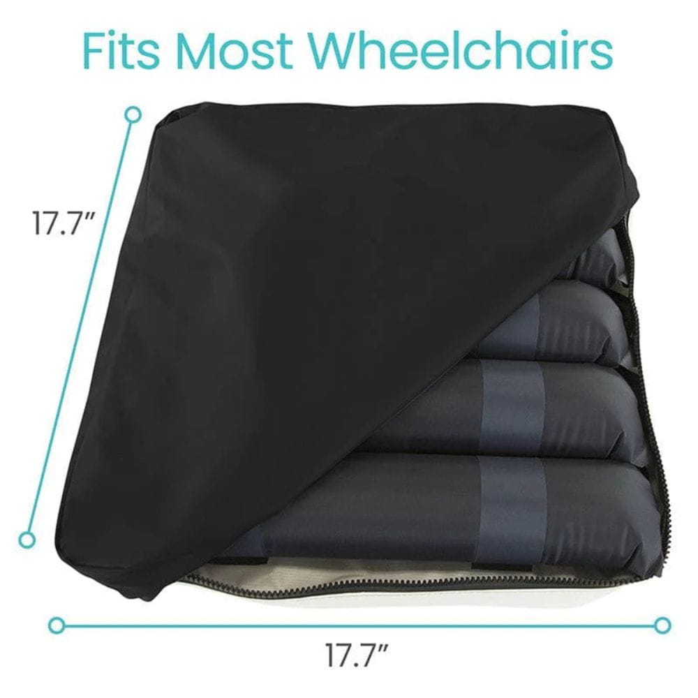 Black cover over folded sleeping pad with measurements on a white background