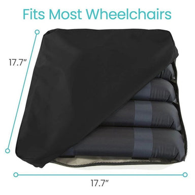 Black cover over folded sleeping pad with measurements on a white background