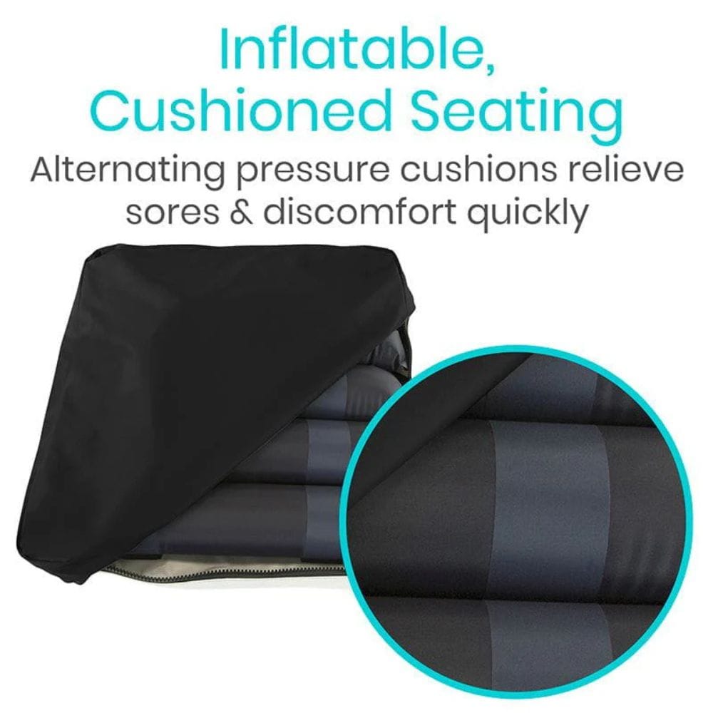 Inflatable cushioned seating with text highlighting its benefits on a white background