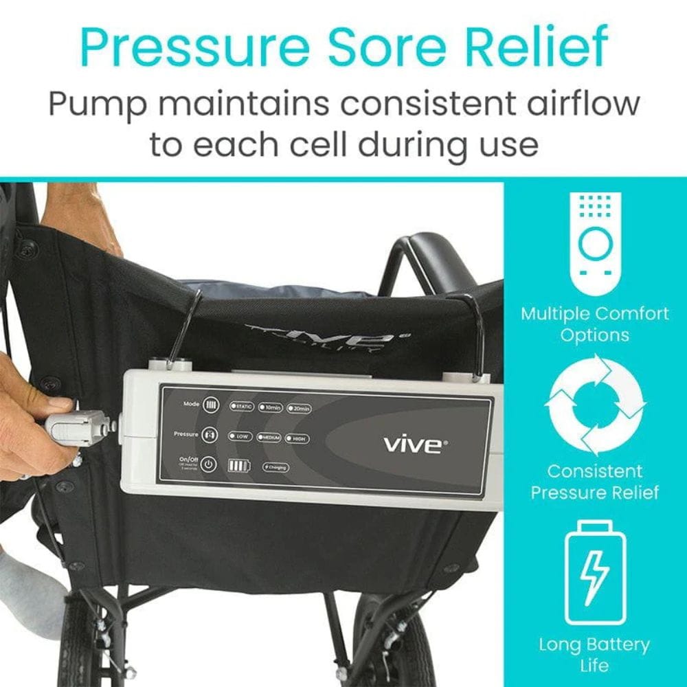 Vive pressure relief pump attached to a wheelchair with text highlighting features.