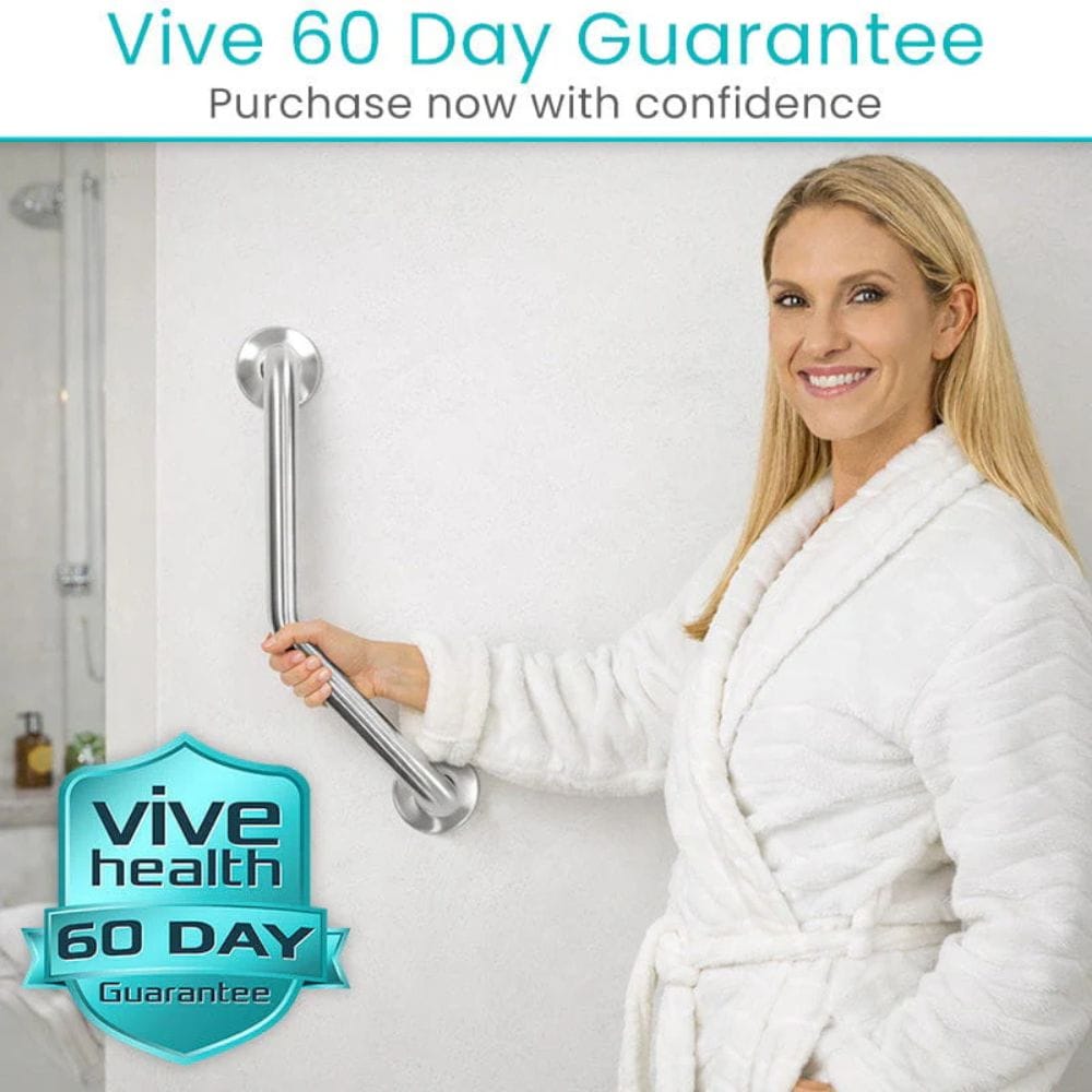 Woman in a white robe holding a grab bar with 'Vive Health' branding and 60-day guarantee text.