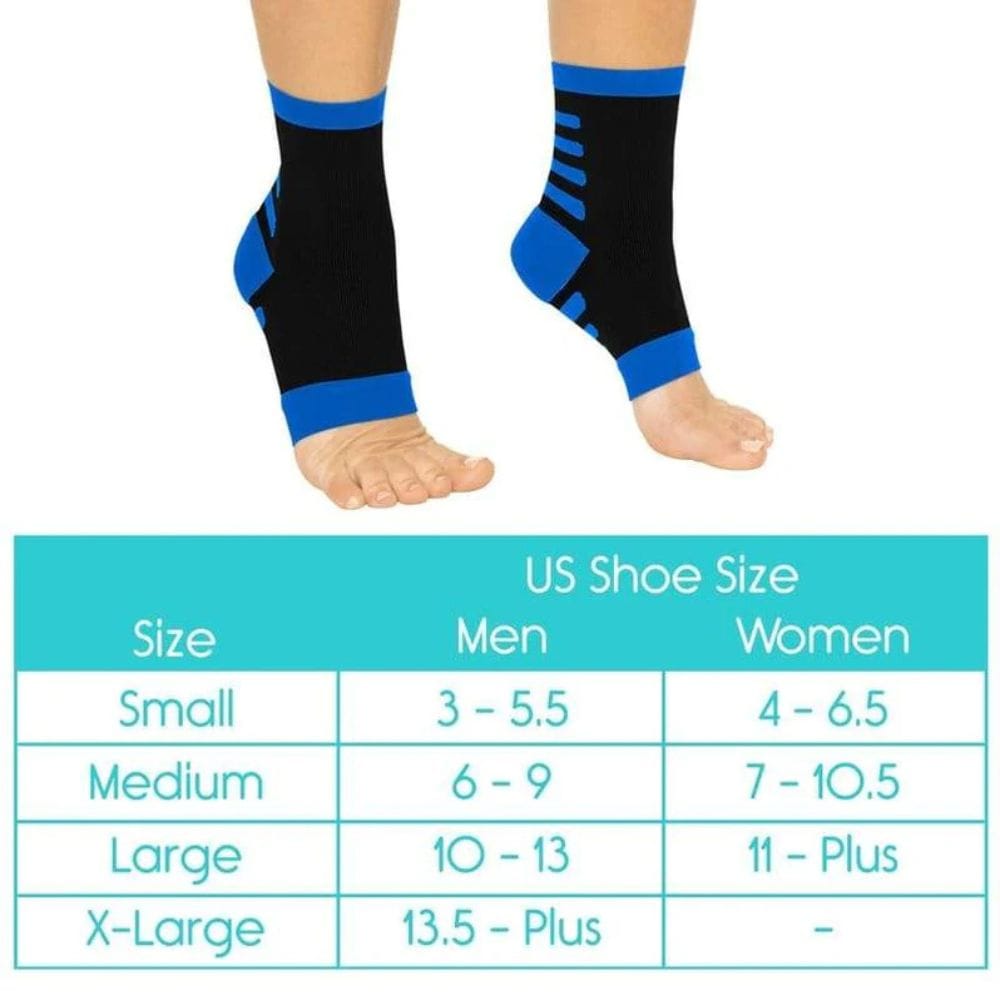 Black and blue compression ankle sleeves with a size chart for US shoe sizes.