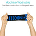 Blue and black band held by hands with text about machine washability on a white background