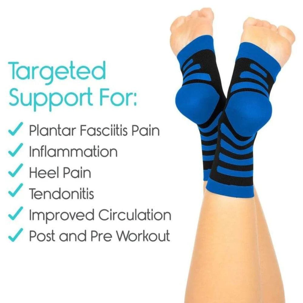 Blue and black compression socks with text highlighting their benefits on a white background