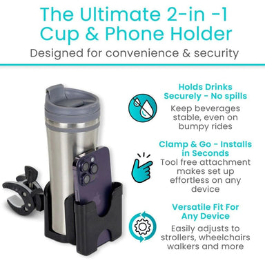 2-in-1 cup and phone holder with features listed on a white background