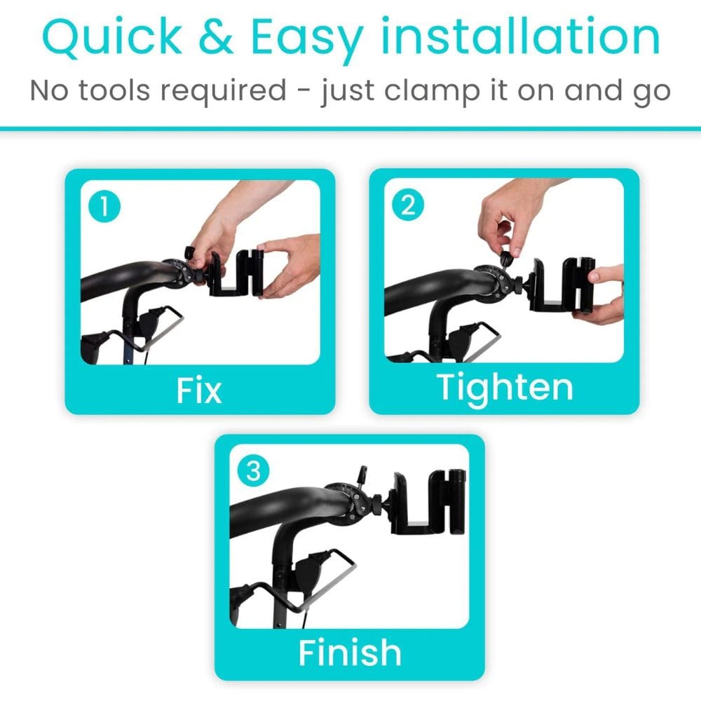 Step-by-step guide for quick and easy installation with text 'Quick & Easy installation' and 'No tools required - just clamp it on and go'.