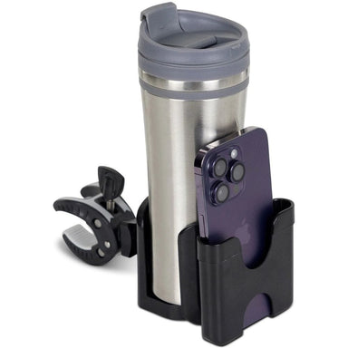 Multifunctional drink holder with a tumbler and phone stand on a white background