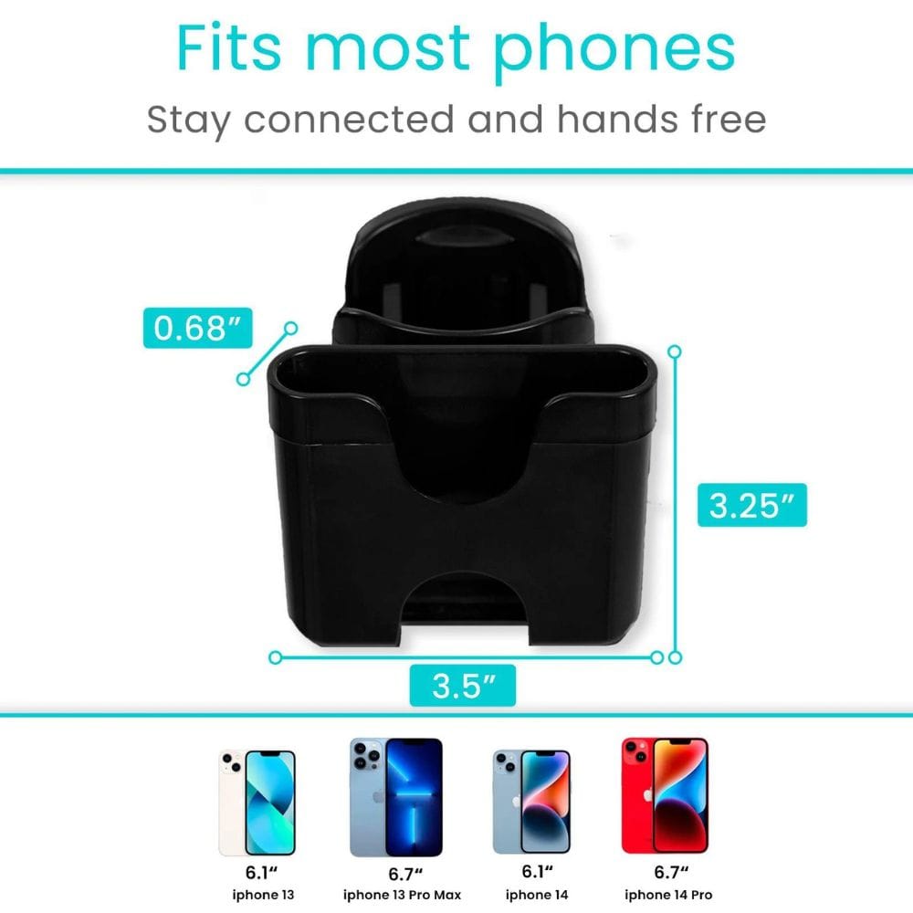 Black phone holder with dimensions and compatibility with various phone models on a white background