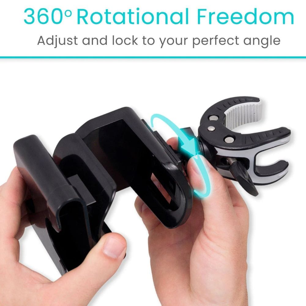Black and turquoise clamps with 360° rotational freedom feature, held by a hand against a white background.