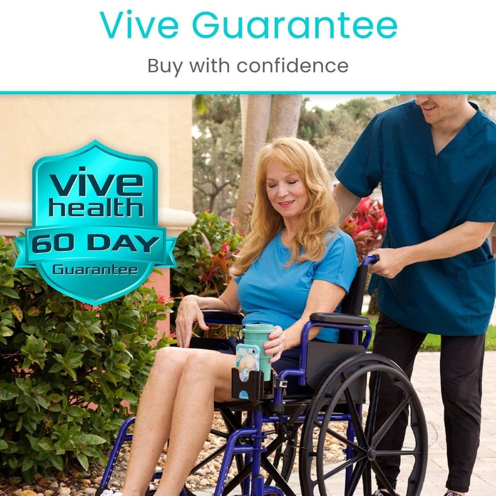 Woman in a wheelchair being assisted by a caregiver with 'Vive Guarantee' text overlay.