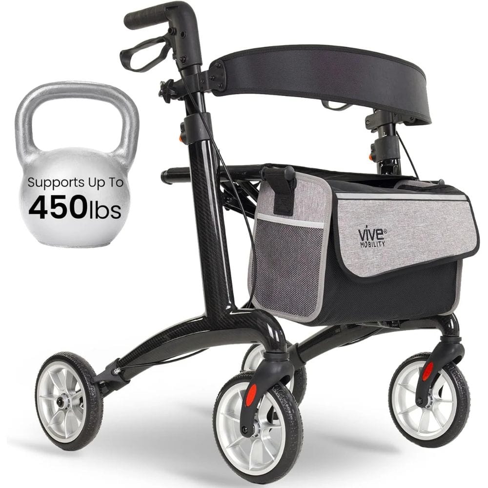 Black rollator with a gray bag labeled 'Vive Mobility' next to a kettlebell.