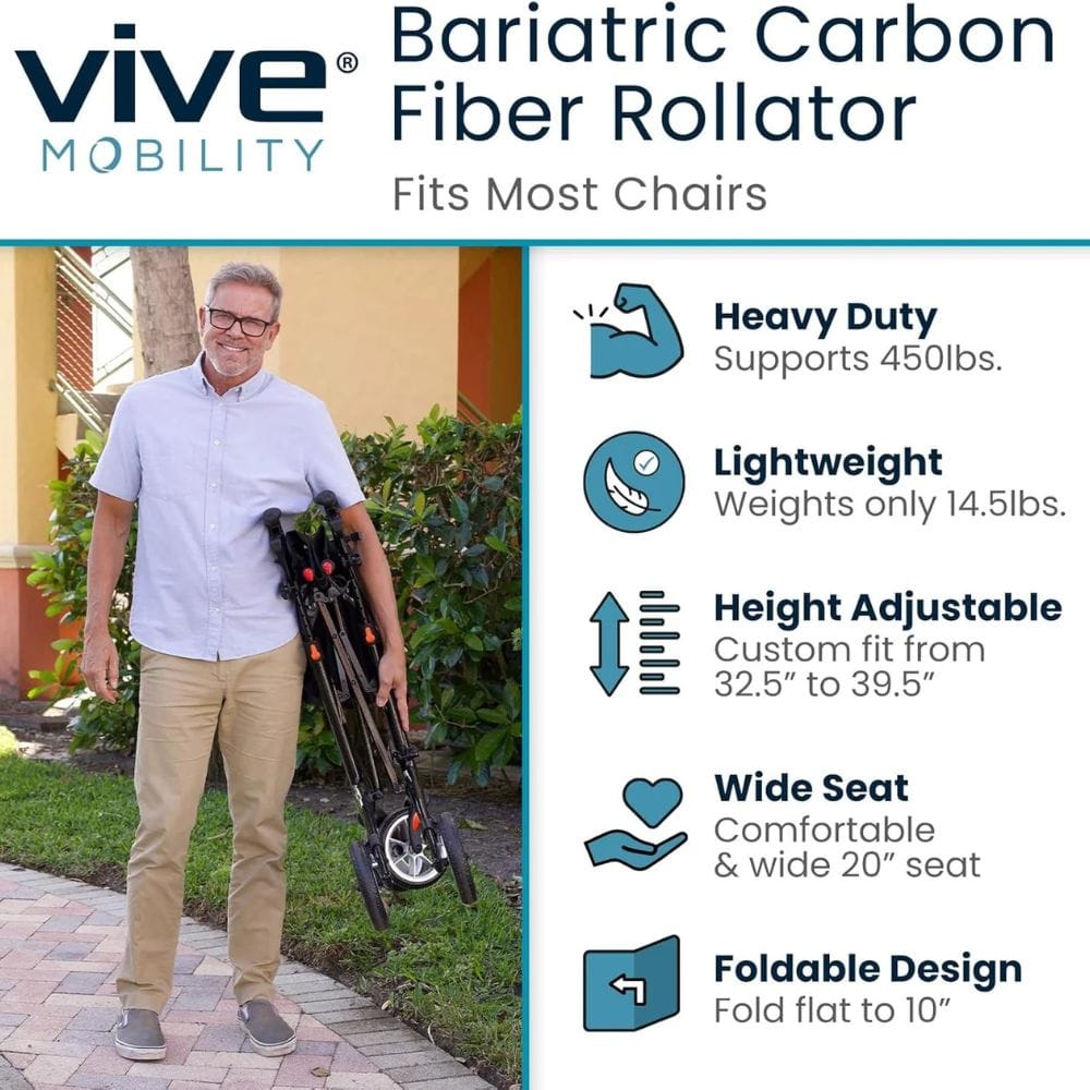 Vive Mobility Bariatric Carbon Fiber Rollator with features listed on a white background