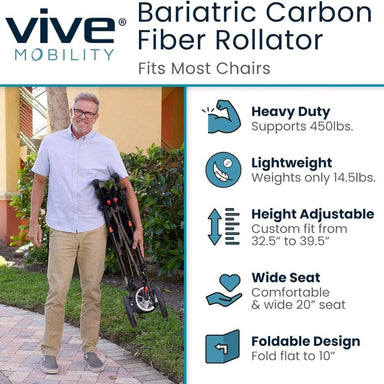 Vive Mobility Bariatric Carbon Fiber Rollator with features listed on a white background