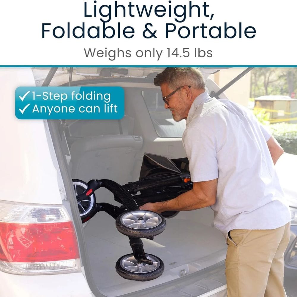 Man lifting a portable scooter from the back of a car with text highlighting features.