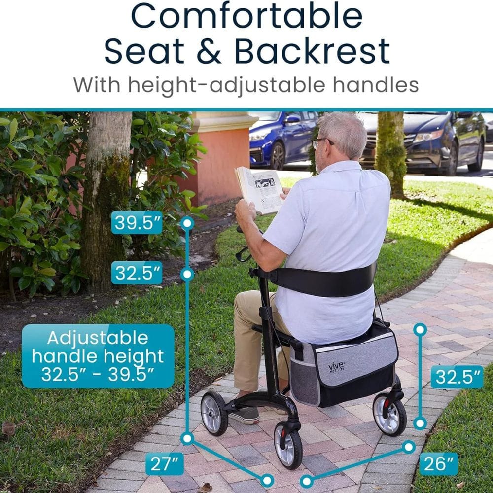 Man using a rollator with adjustable handle height, sitting on a sidewalk with cars and trees in the background.