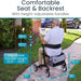 Man using a rollator with adjustable handle height, sitting on a sidewalk with cars and trees in the background.